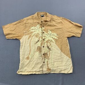 Tommy Bahama Shirt Mens Large Tan Beige Linen Hawaiian Camp Button Up Palm Hula